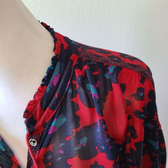 Free People Love Letter Tunic Mini Dress XS Sheer Balloon Sleeves Lace Boho Red - Picture 9 of 11